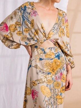 Lena Beige Floral Twist-Front Maxi Dress with Yellow, Blue & Pink Print